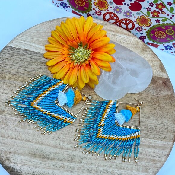 Handmade Beaded Long Tassel Fringe Dangle Drop Bohemian Post Diamond Earrings - Picture 7 of 9